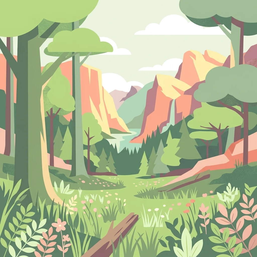 A colorful digital illustration depicting a green forest with tall trees in the foreground and pinkish orange mountains in the distance under a pale sky.