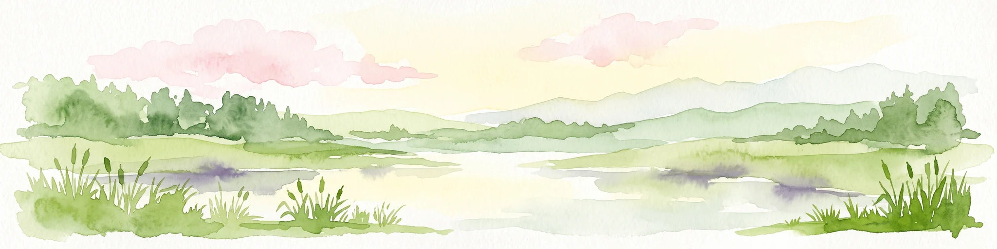 Una acuarela de una turbera o humedal sereno con juncos en primer plano, agua tranquila y colinas onduladas al fondo bajo un cielo pastel suave.