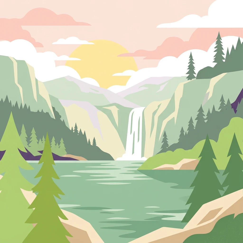 Ilustración de un paisaje montañoso con una cascada, un lago, árboles de hoja perenne y un sol poniente