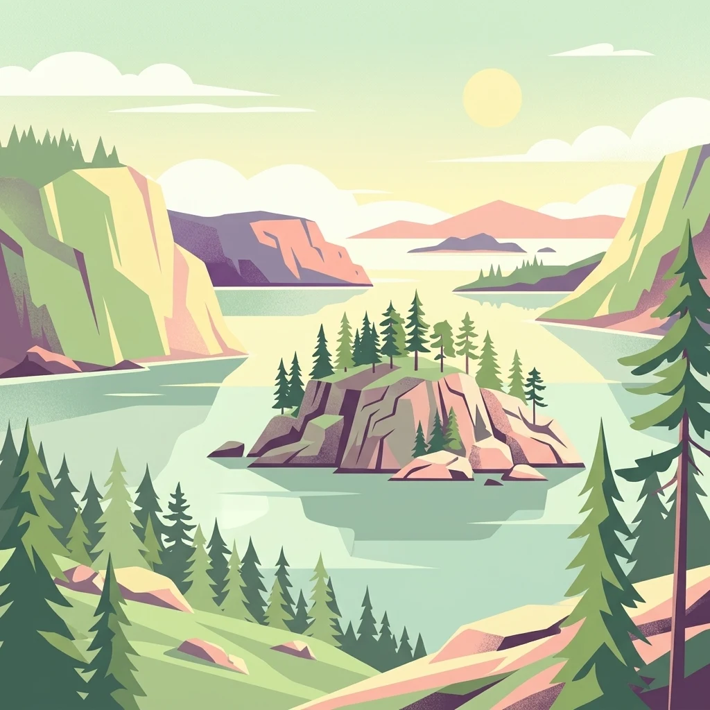 An illustration showing a calm waterway with rocky islands, coniferous forests, and distant cliffs under a soft sun.