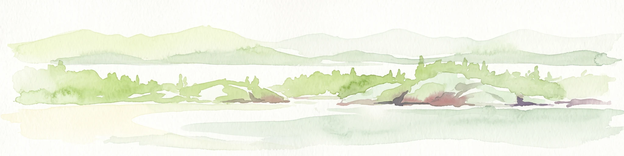 Una suave ilustración en acuarela de tonos verde pálido y azul que muestra varias islas rocosas con escasa vegetación rodeadas de agua, con colinas difusas al fondo.