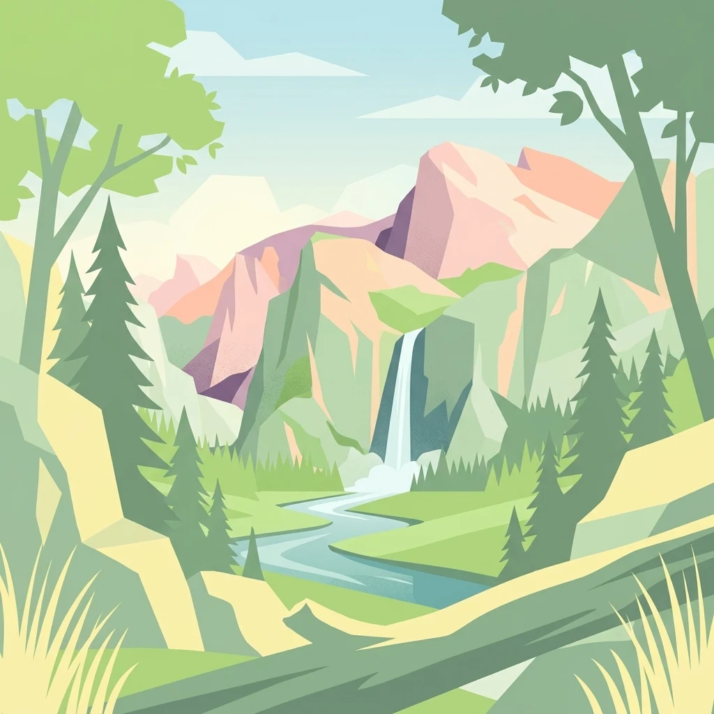 Una ilustración de estilo vectorial y diseño plano de un valle montañoso. Una cascada desciende desde un acantilado rocoso hasta un río serpenteante en el centro. En primer plano se ven hierba estilizada y troncos de árboles. La paleta de colores general utiliza verdes apagados, amarillos y rosas suaves.