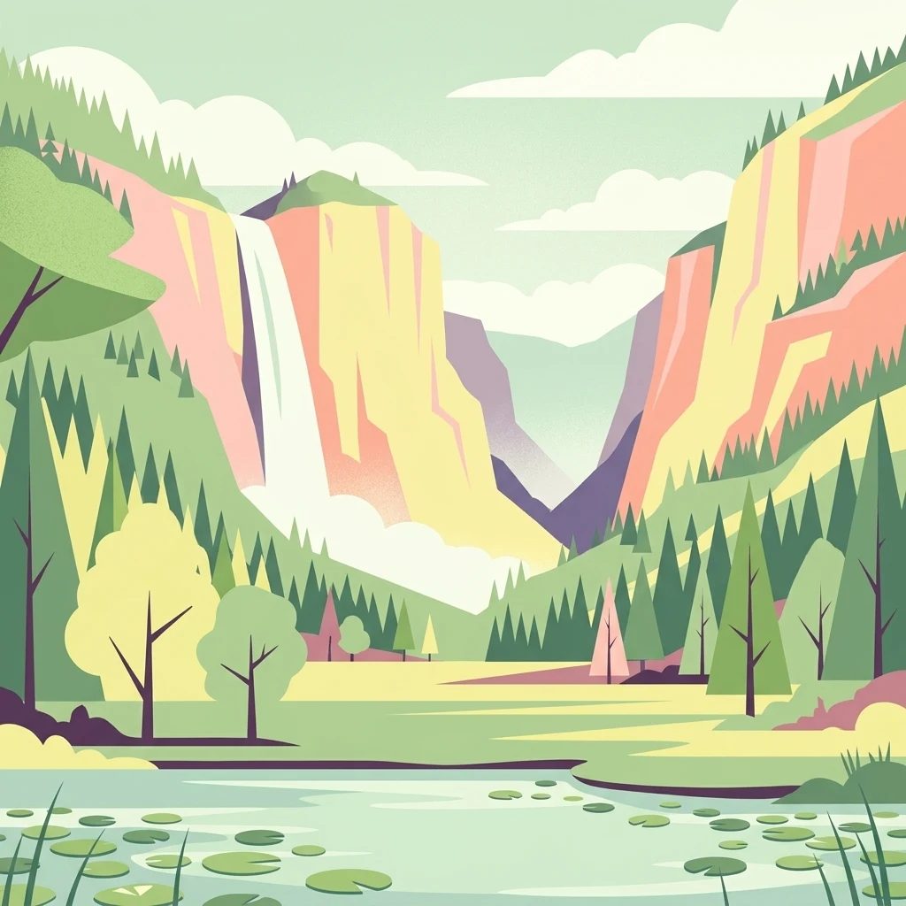 A stylized flat vector illustration of a valley featuring a cascading waterfall, surrounding cliffs, a coniferous forest, and a foreground lake with lily pads.