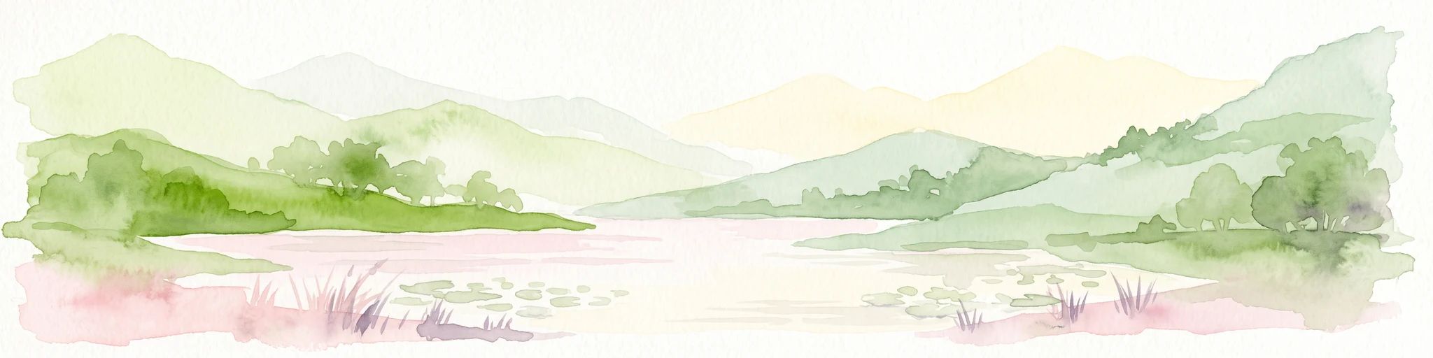 A soft watercolor painting of a tranquil lake surrounded by gentle, rolling green hills and wetland vegetation.