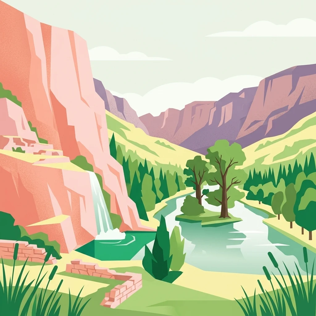 A flat-style digital illustration showing a valley with a small waterfall flowing from a rocky cliff into a pond, surrounded by trees and stylized vegetation.