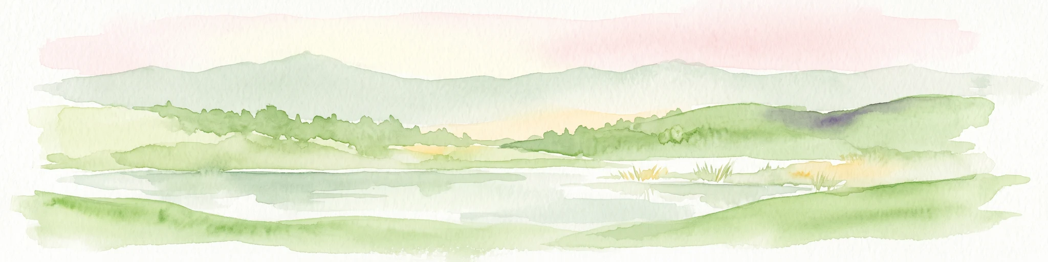 A soft watercolor painting of a wetland landscape with distant rolling hills, green grassy banks, and a calm water surface, rendered in a muted palette.
