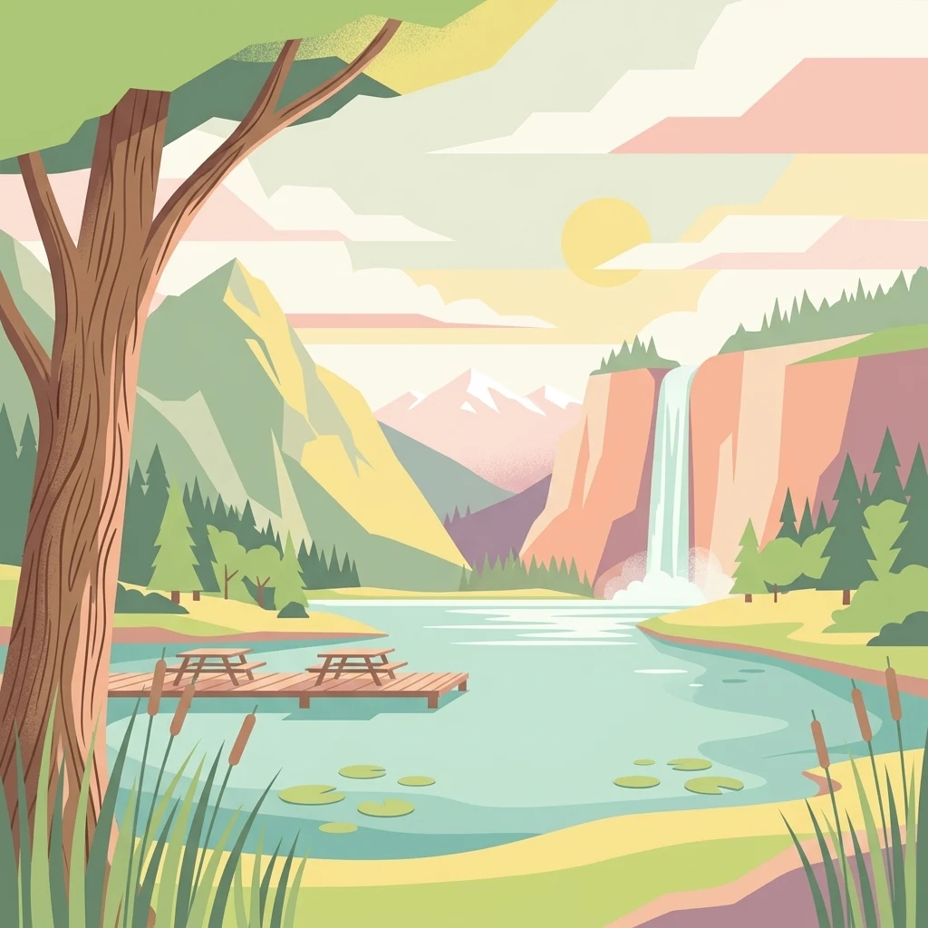 A flat-style digital illustration of a lake surrounded by mountains, a waterfall, and a small wooden dock with picnic tables.