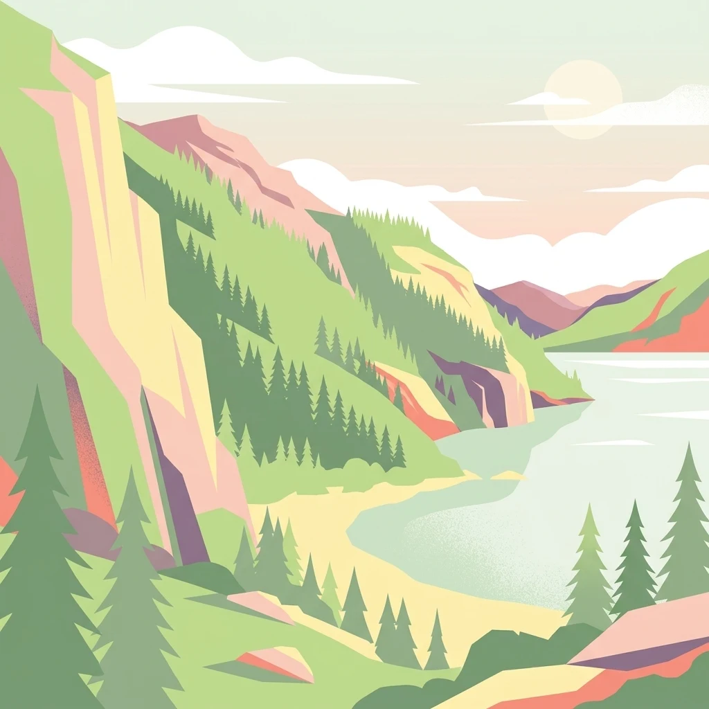 Illustrated landscape featuring mountains, a lake, pine forests, and rocky cliffs under a bright sky