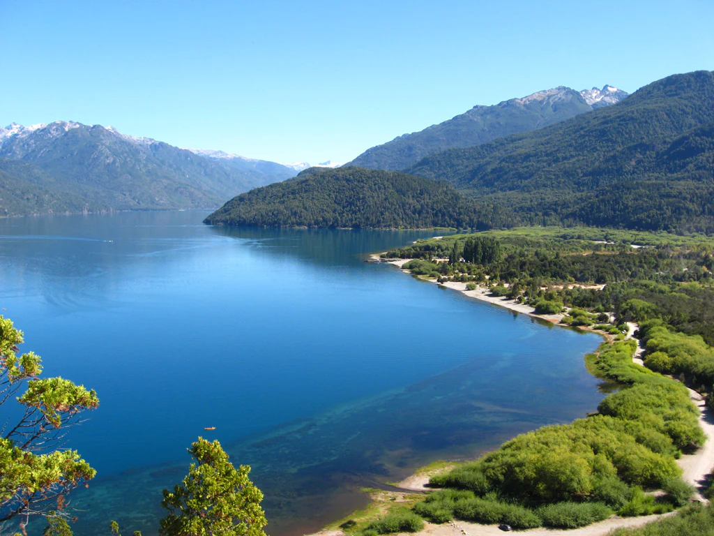 Wide view of a large blue lake bordered by forested mountains and shoreline vegetation under clear blue sky
