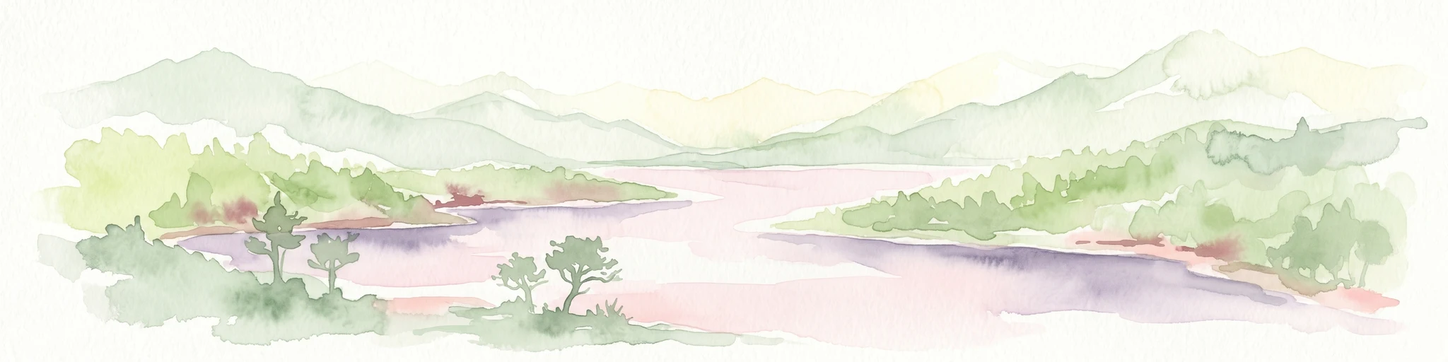 Ilustración en acuarela que muestra un lago rodeado de colinas y montañas boscosas