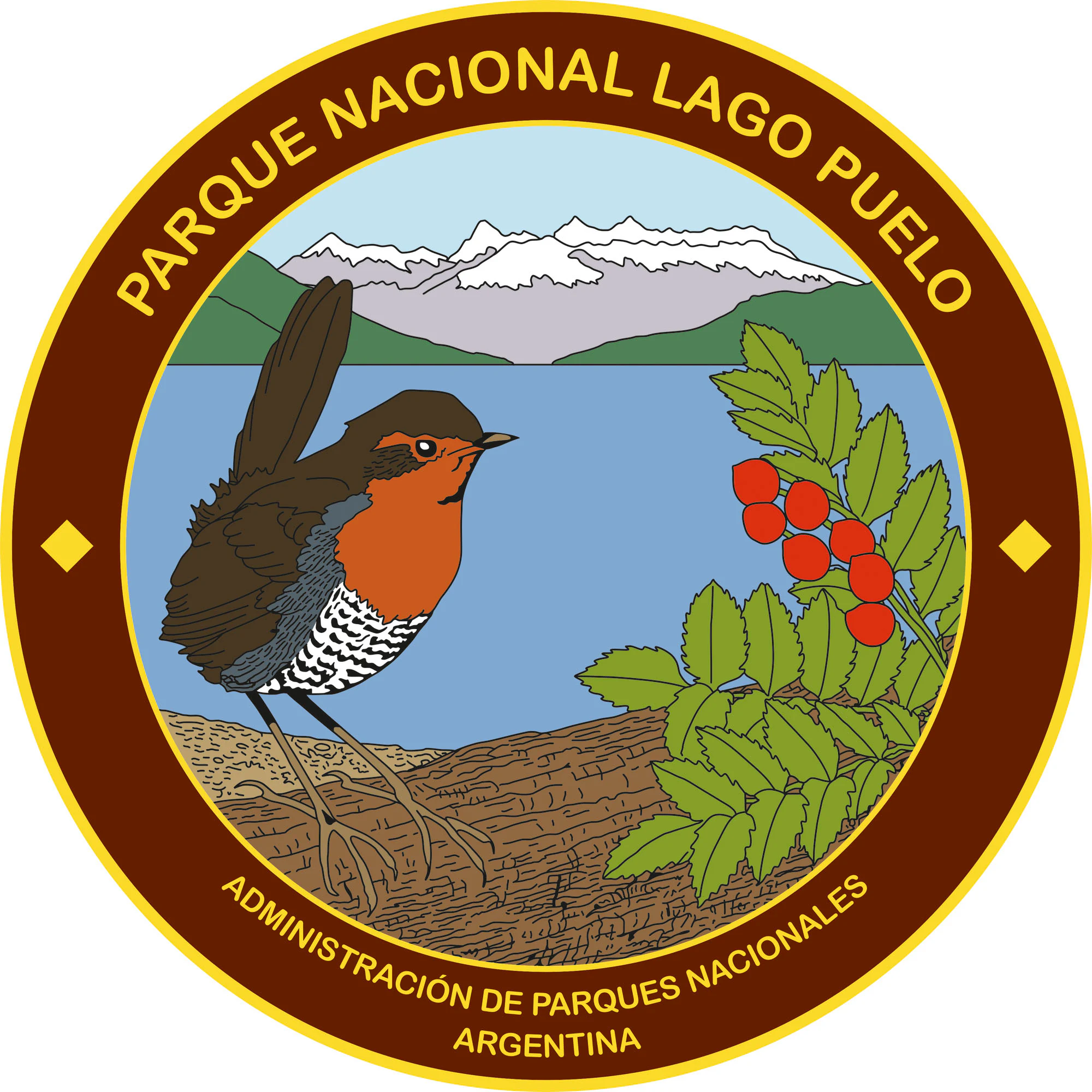 Circular emblem for Parque Nacional Lago Puelo showing a bird with an orange breast standing on a log near a lake with snow-capped mountains in the background and a plant with red berries on the right.