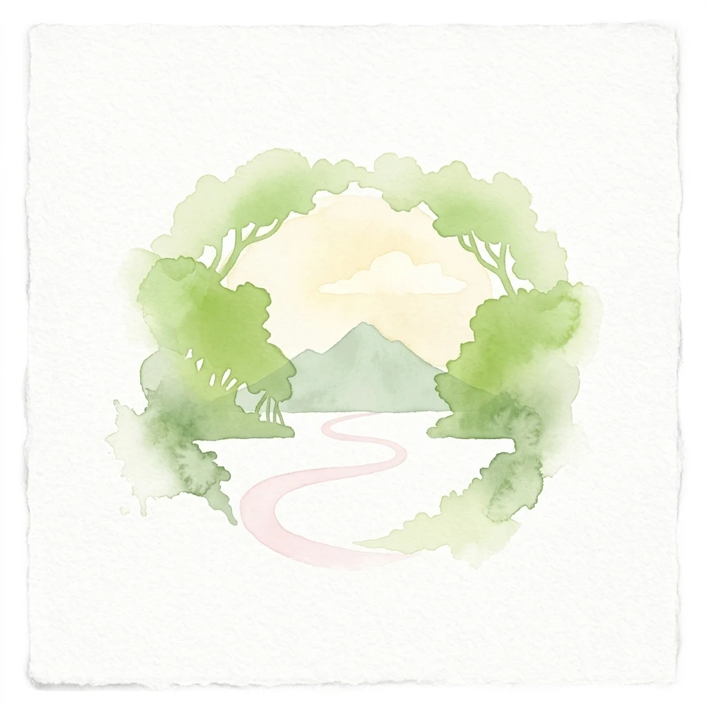 Watercolor illustration showing a winding pink path through green trees leading to mountains under a yellow sky with clouds