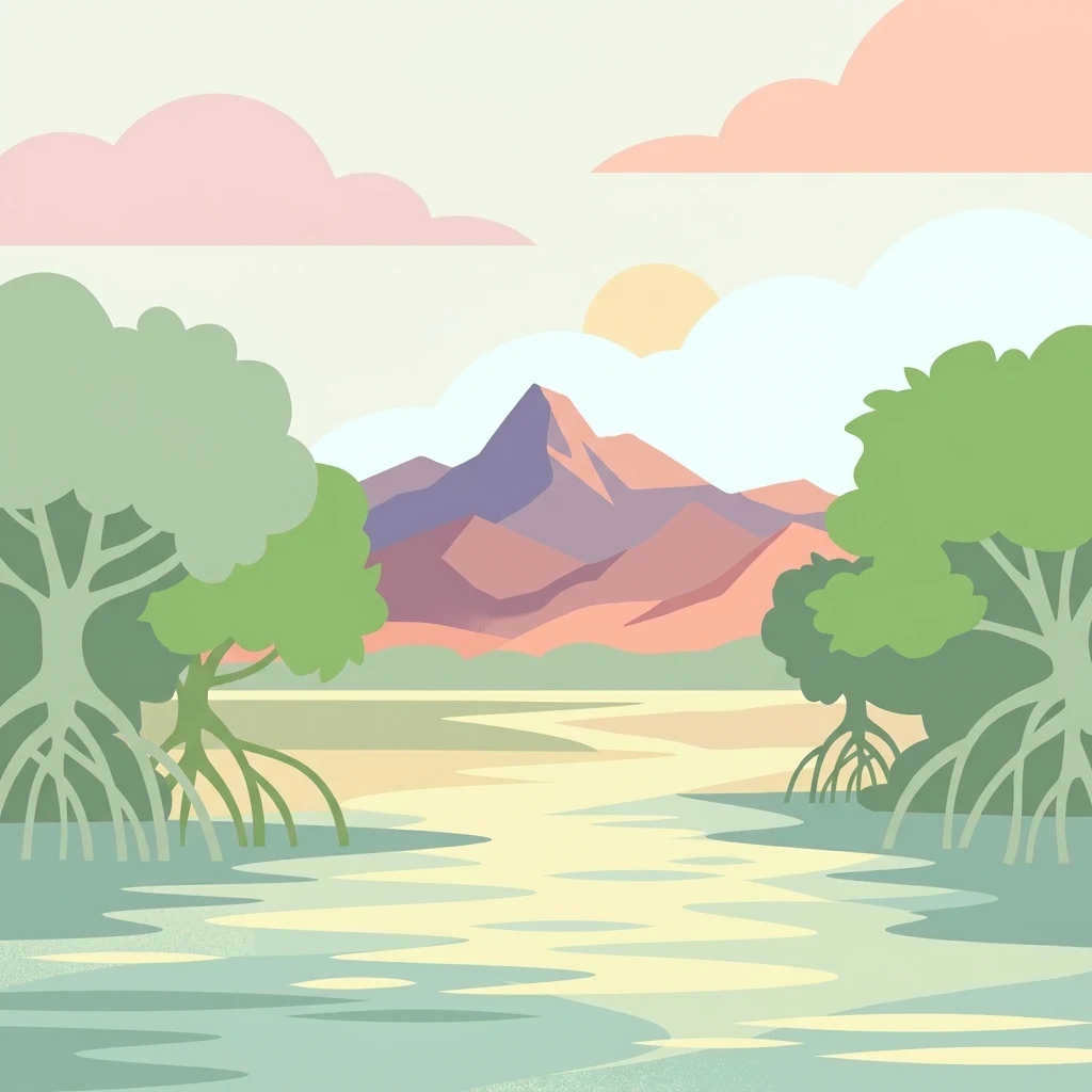 Ilustración de árboles de manglar en un humedal con una cordillera y un cielo al atardecer