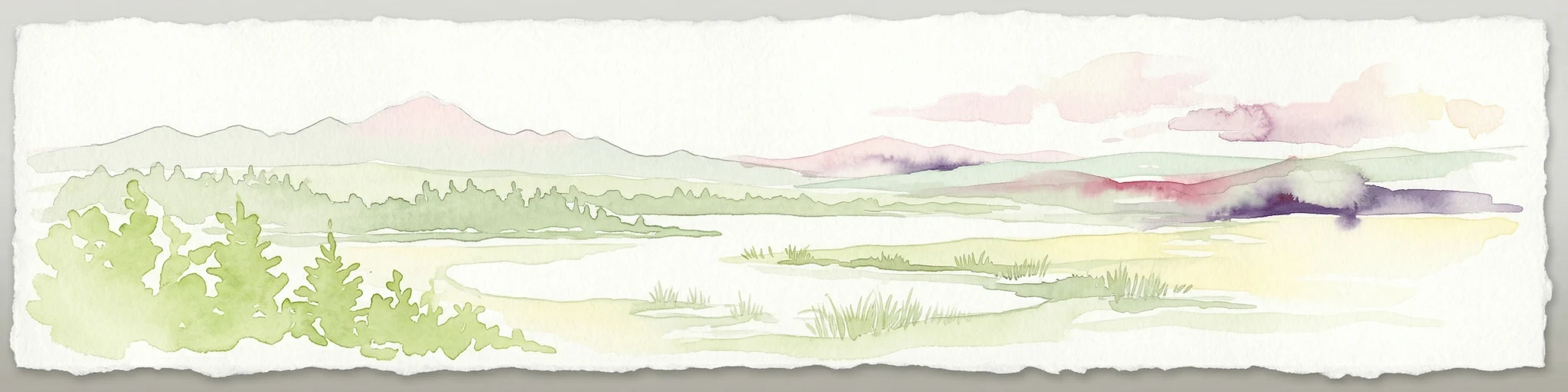 Pintura de acuarela de un lago rodeado de bosque con montañas al fondo