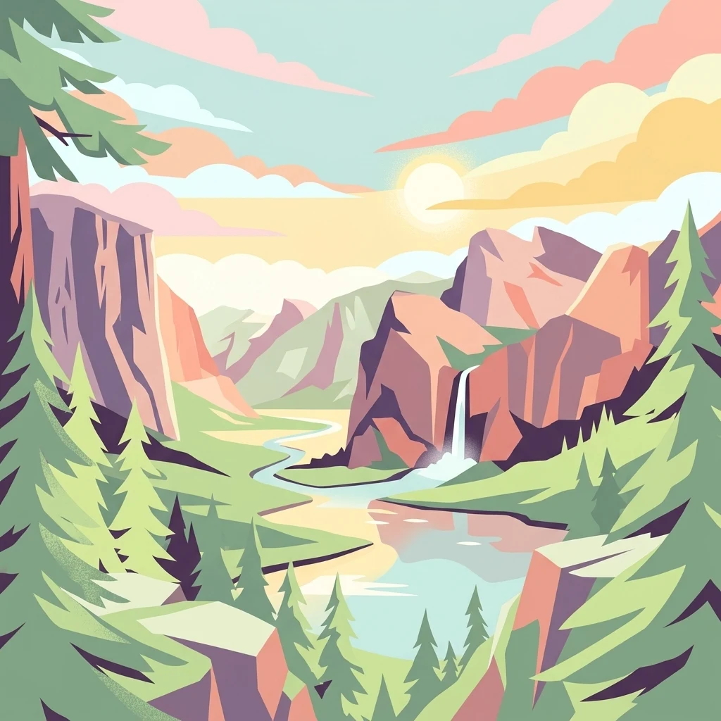 Una ilustración digital de estilo plano de un valle de montaña al atardecer, con altos pinos en primer plano, acantilados escarpados, un río serpenteante y una cascada que cae en un lago.
