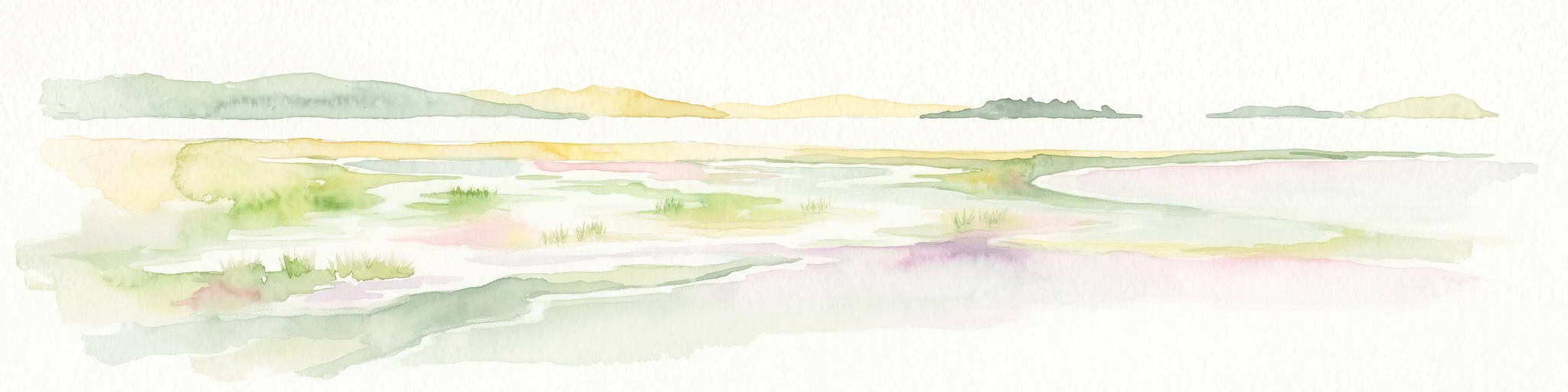 Una ilustración horizontal en acuarela que muestra una laguna poco profunda con tonos suaves de verde, amarillo y gris que representan vegetación, agua y colinas bajas distantes sobre un fondo blanco.