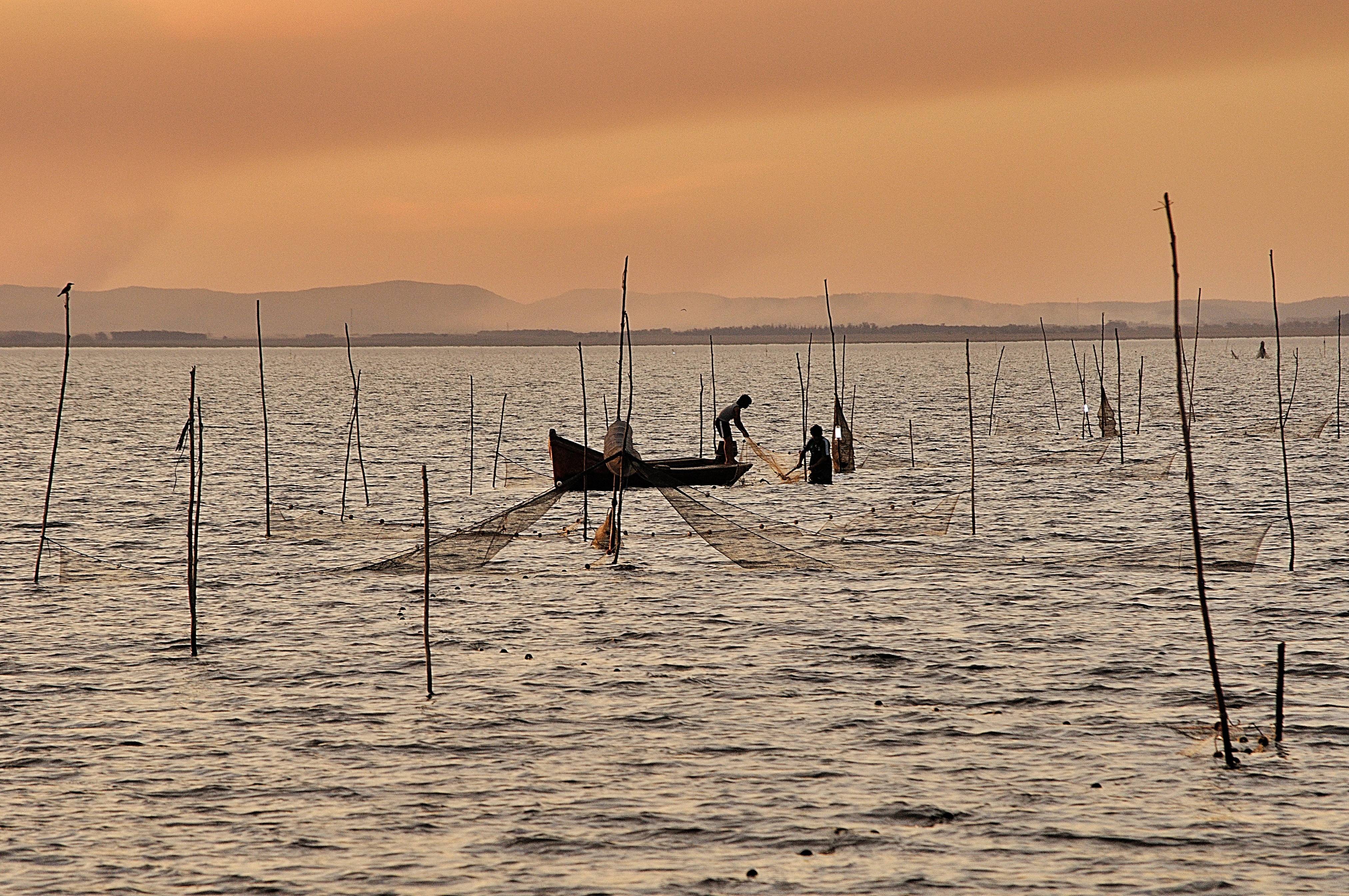 Two people in a small wooden boat on a calm, expansive lagoon at sunset, surrounded by multiple thin wooden poles sticking out of the water, with traditional fishing nets deployed.
