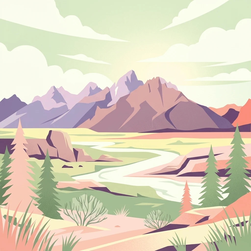 An artistic vector illustration showing a winding river flowing through a valley surrounded by purple and brown mountains under a pale sky.