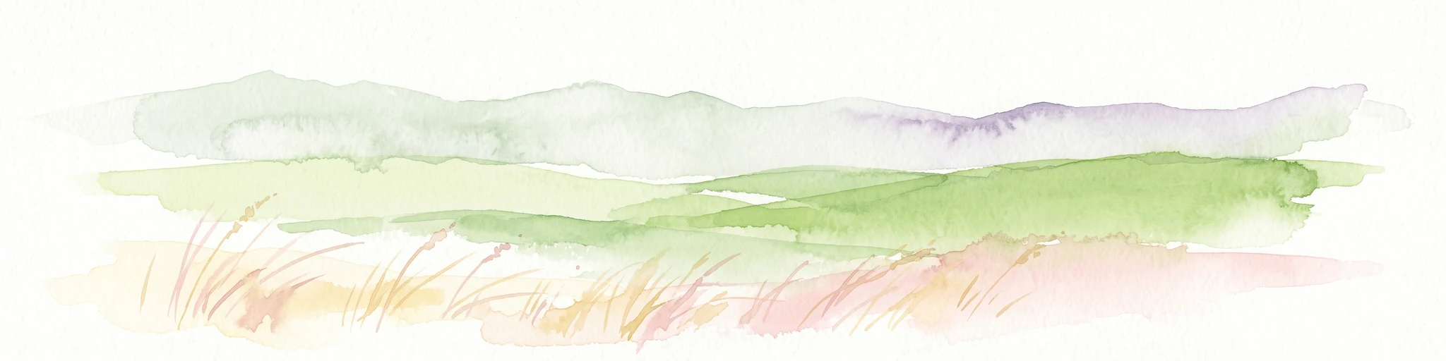 A watercolor painting showing a stylized, soft-focus landscape with rolling green hills and tall grasses against a pale background.
