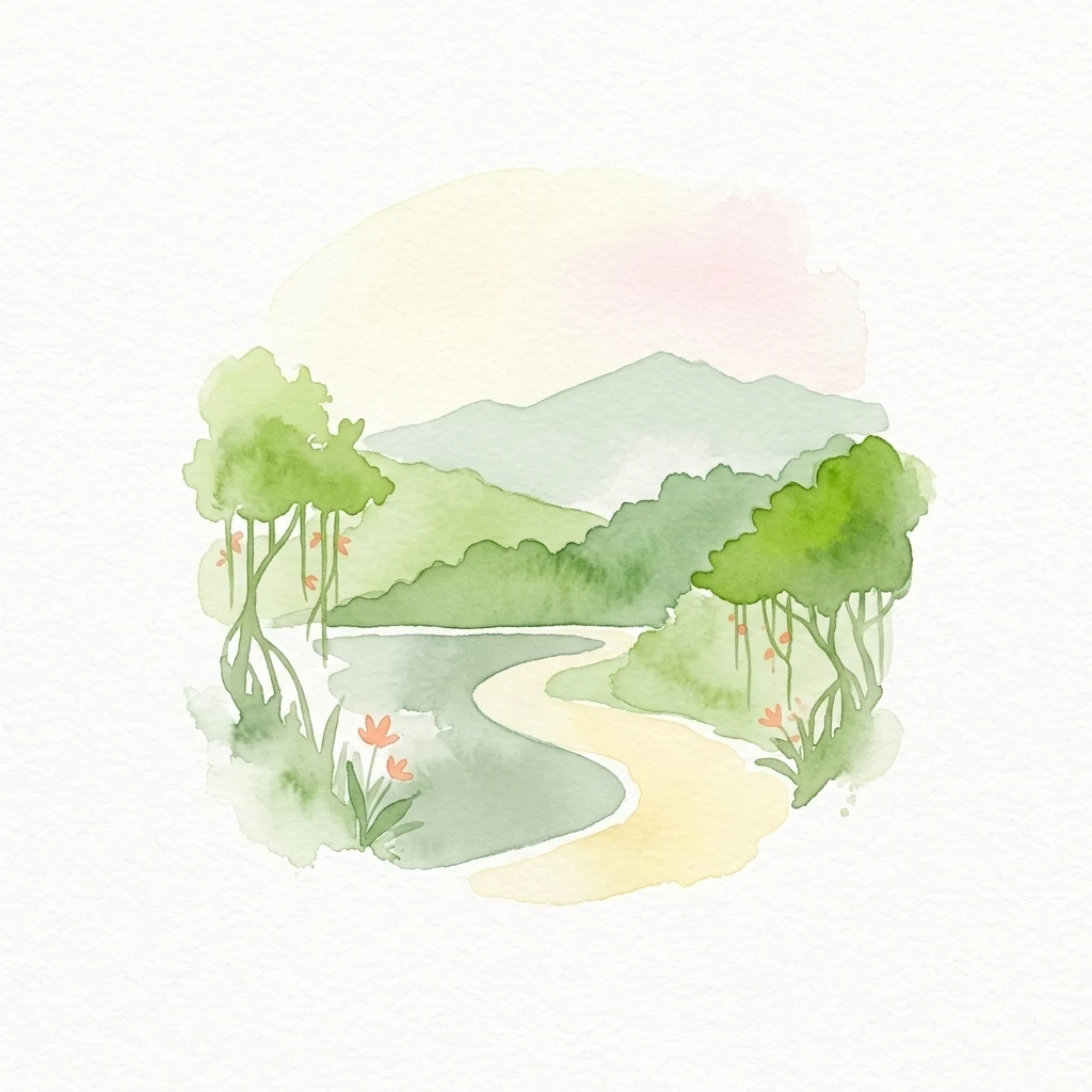 Watercolor illustration of a winding river through a forested landscape with mountains in the background