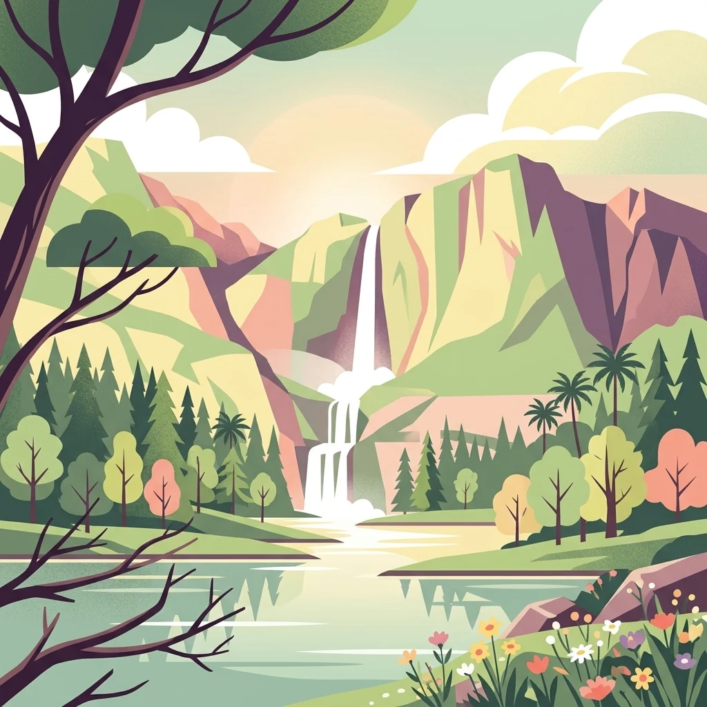 Stylized illustration of a waterfall cascading down a mountain, surrounded by trees, a lake, and distant hills