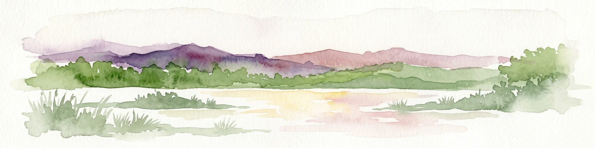 Pintura en acuarela de una laguna rodeada de vegetación verde y montañas al fondo