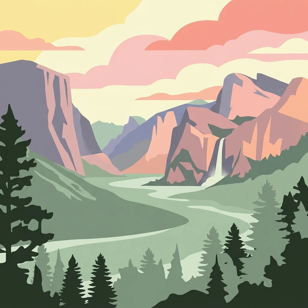 Una ilustración gráfica con montañas rocosas escarpadas estilizadas, un río que fluye, una cascada y árboles de hoja perenne en primer plano, representada con una paleta de colores cálidos al atardecer.
