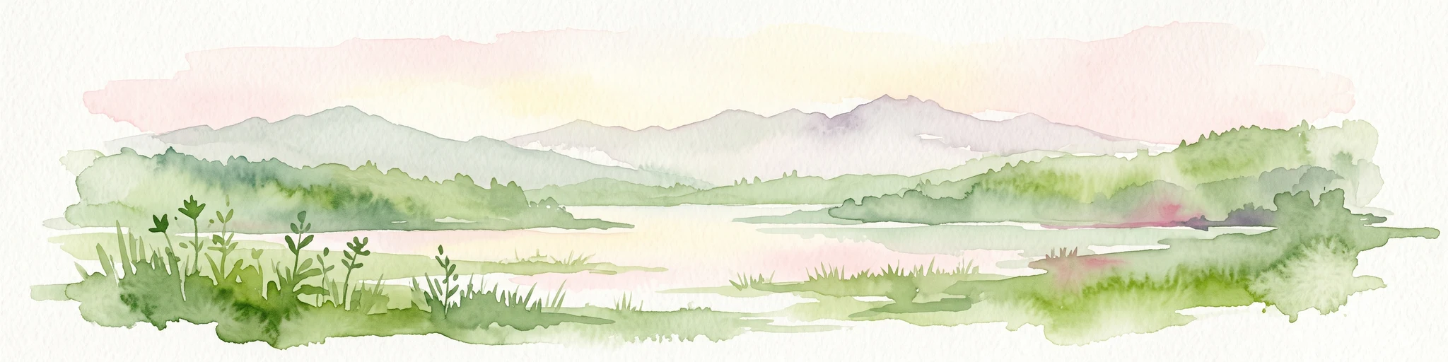 A soft watercolor painting of a calm lake surrounded by lush green vegetation with distant, hazy mountains under a pale sky.