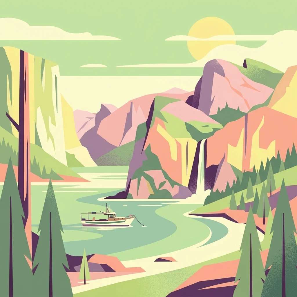 Una ilustración digital de un paisaje costero montañoso con una laguna, un pequeño bote, una cascada y árboles de hoja perenne bajo un cielo soleado.
