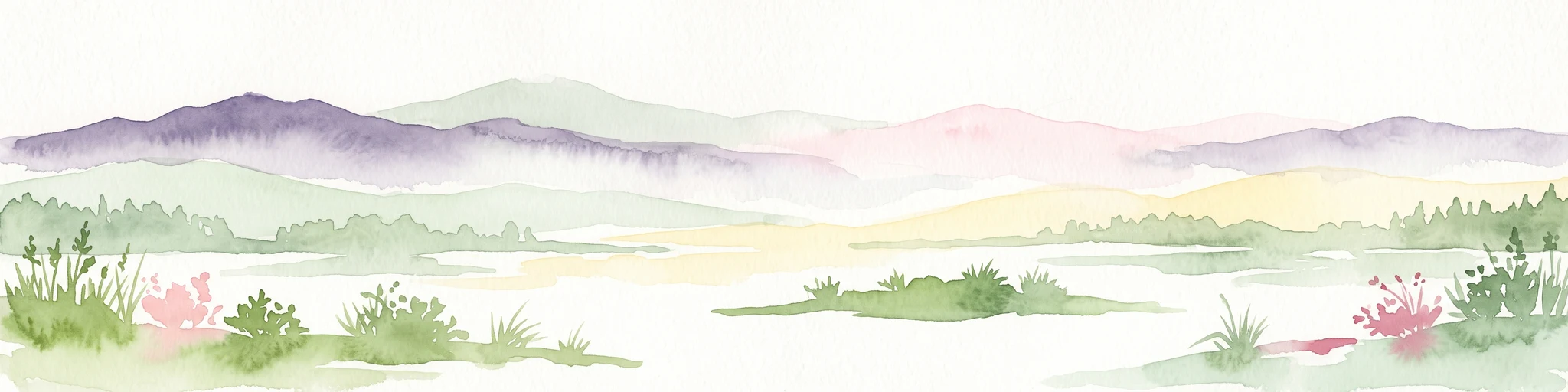 Una ilustración en acuarela que muestra un paisaje horizontal con una laguna o humedal de color claro en primer plano y suaves montañas púrpuras al fondo.