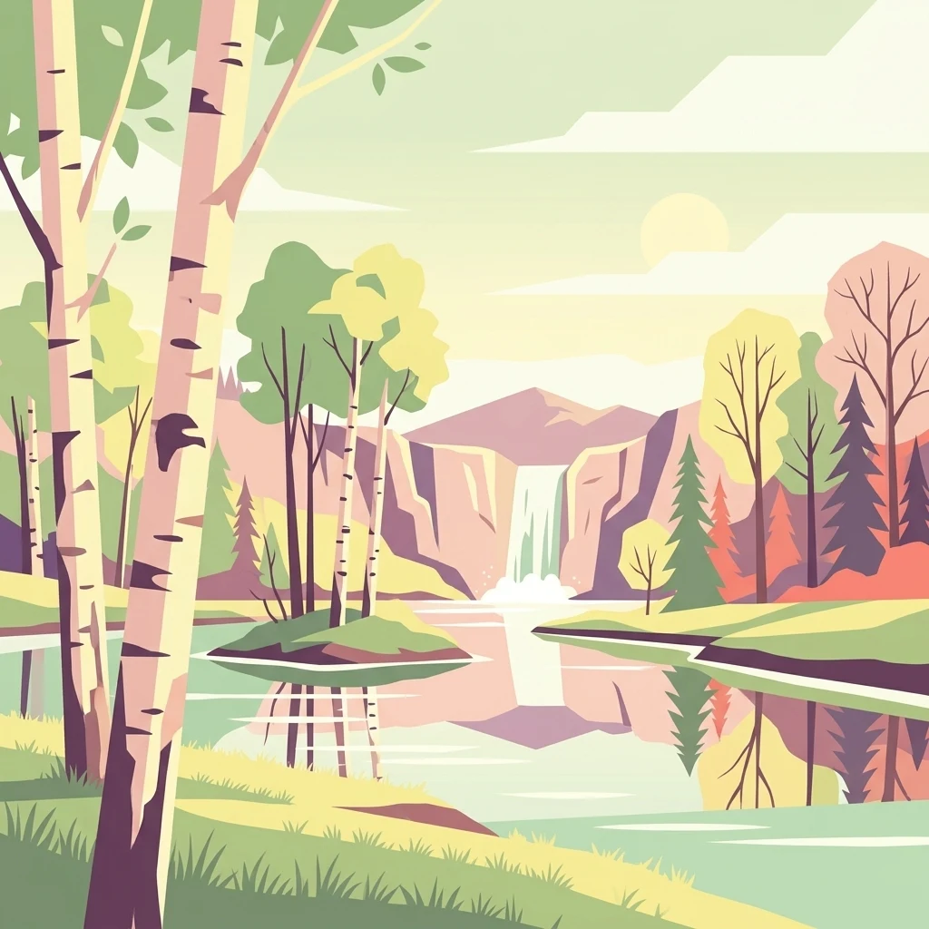 Digital flat illustration of a peaceful lakeside forest scene with birch trees in the foreground, a small island, and a waterfall cascading from rocky hills in the distance.