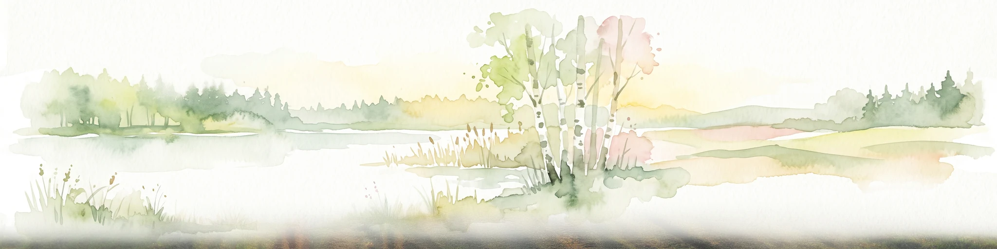 Watercolor illustration of a peaceful lakeside scene at Lahder Marsch, featuring birch trees, marshy vegetation, and a calm water surface.