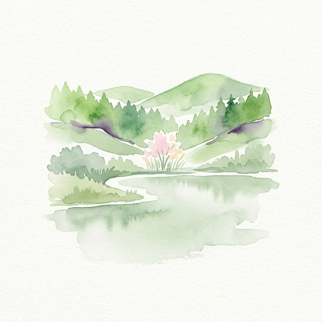 Watercolor painting showing a lake with reflections, green hills, and trees including a pink flowering tree in the center