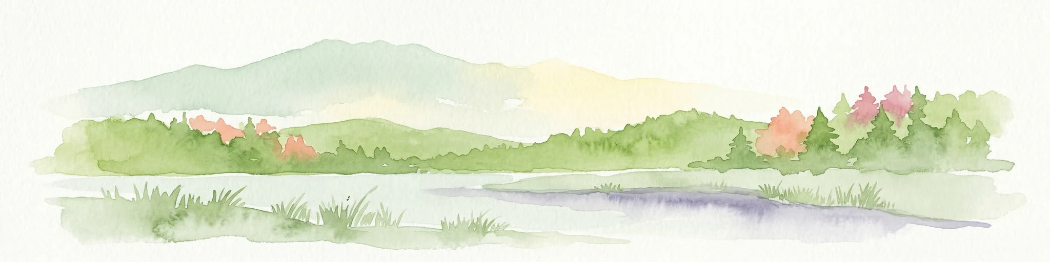 Pintura en acuarela de un lago rodeado de colinas verdes y árboles con follaje colorido