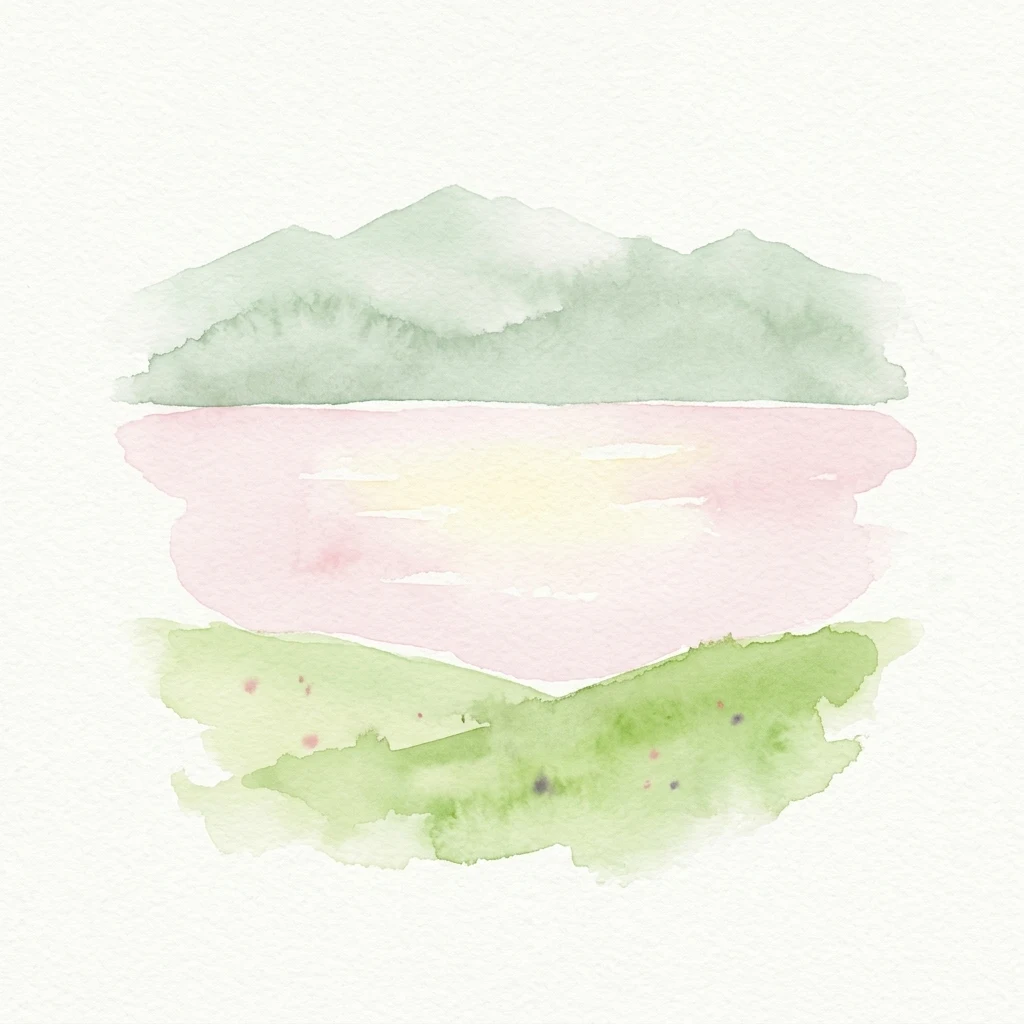 Watercolor illustration of mountains, a lake, and rolling green hills