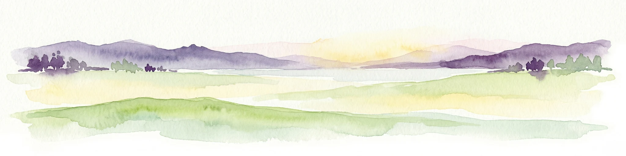 Ilustración en acuarela de campos verdes ondulados, un lago y colinas distantes bajo un cielo al atardecer