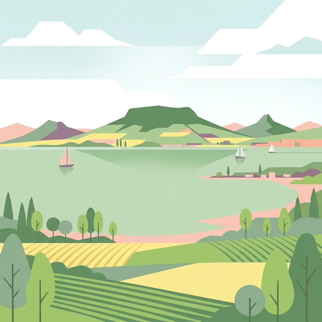 Digital illustration of a lake landscape featuring sailboats on the water, green hills in the distance, and patterned fields in the foreground.