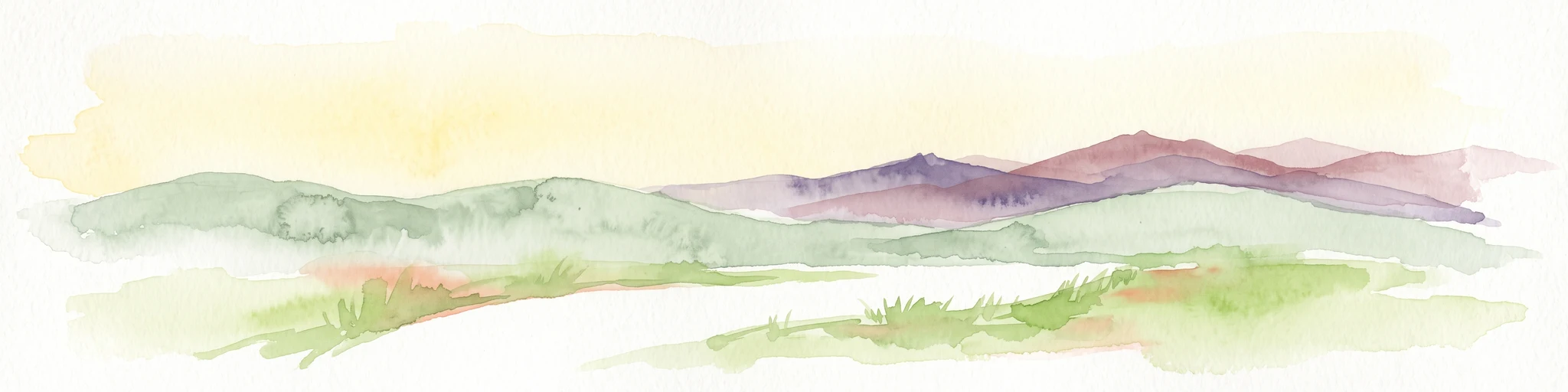 A watercolor painting showing a landscape with soft green rolling hills in the foreground and a range of purple, layered mountains in the distance, set against a pale yellow sky.