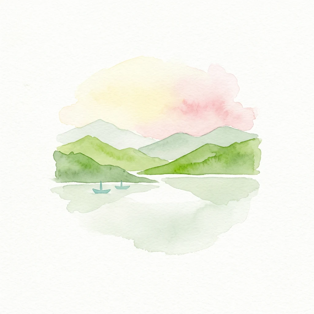 Watercolor painting of green mountains surrounding a lake with two small boats reflecting in the water