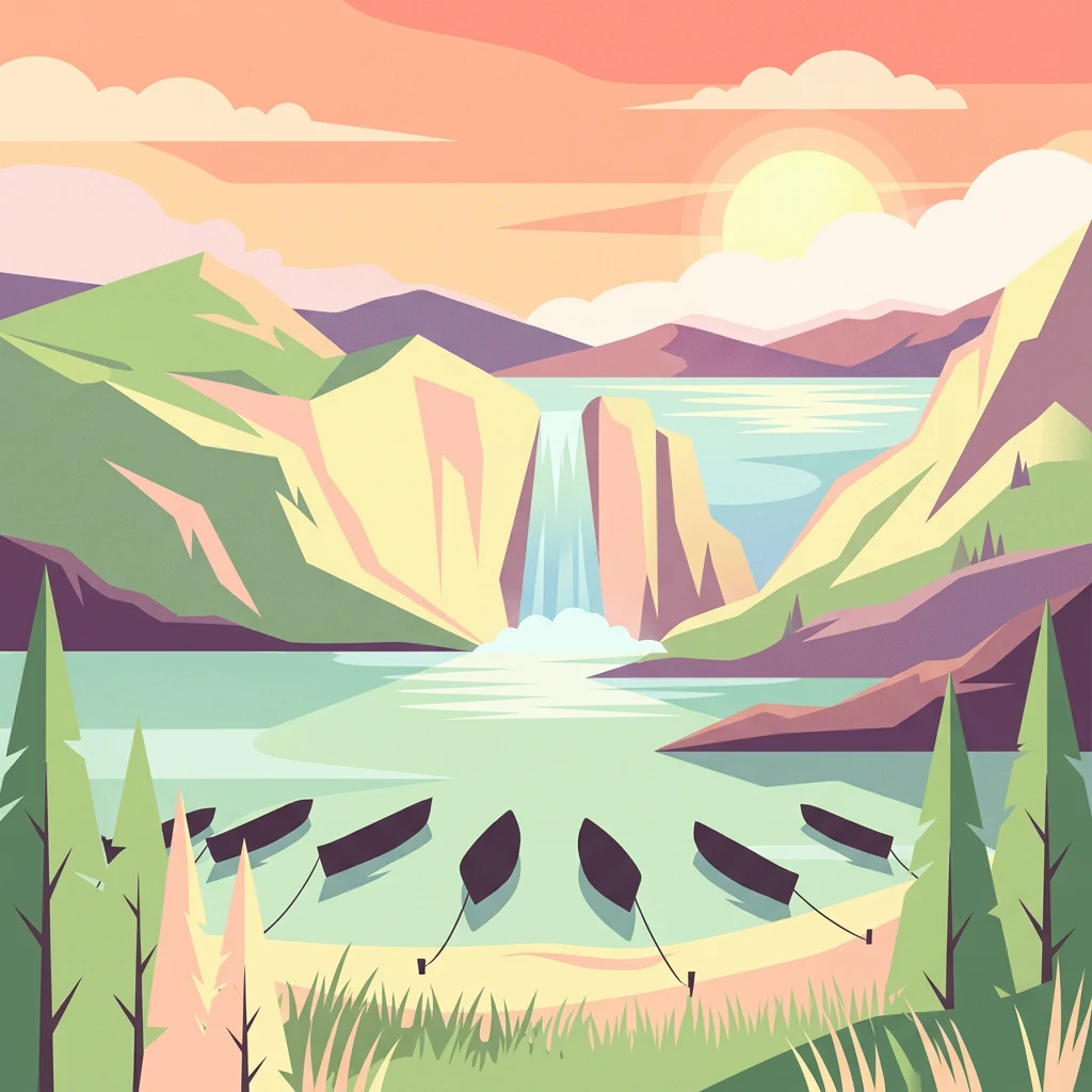 Ilustración estilizada de un lago con embarcaciones en la orilla, rodeado de montañas y una cascada bajo un cielo de atardecer
