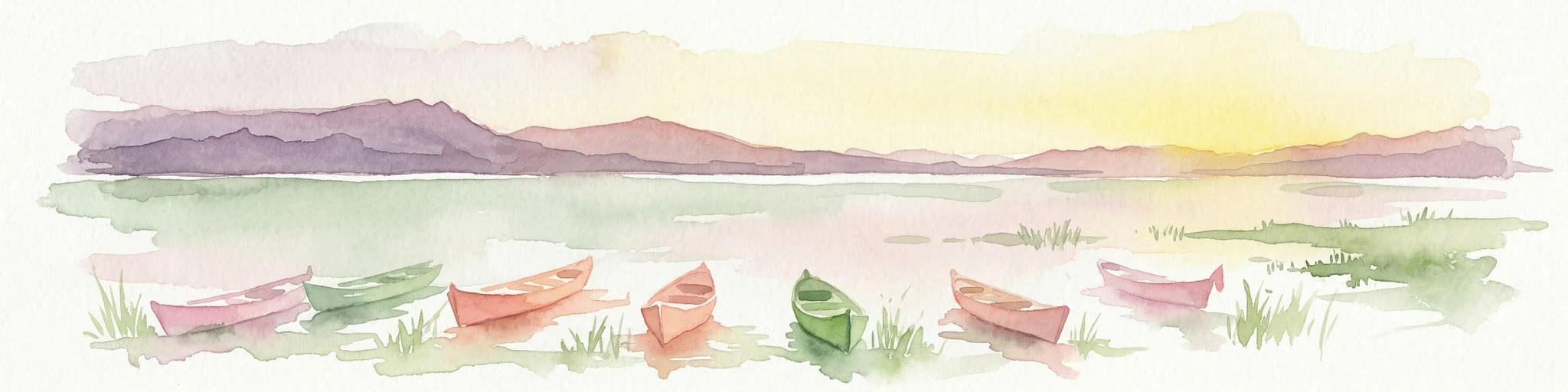 Pintura acuarela de coloridas barcas de remos en un lago con montañas a lo lejos