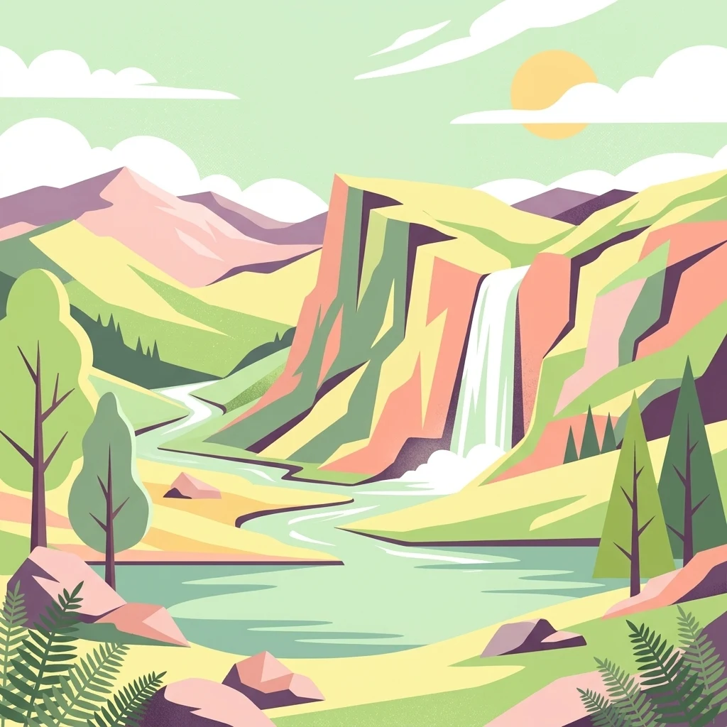Una ilustración de arte vectorial plana que representa un paisaje escénico con una cascada que cae desde un acantilado hasta un río, rodeada de montañas, árboles y terreno rocoso bajo un sol brillante.