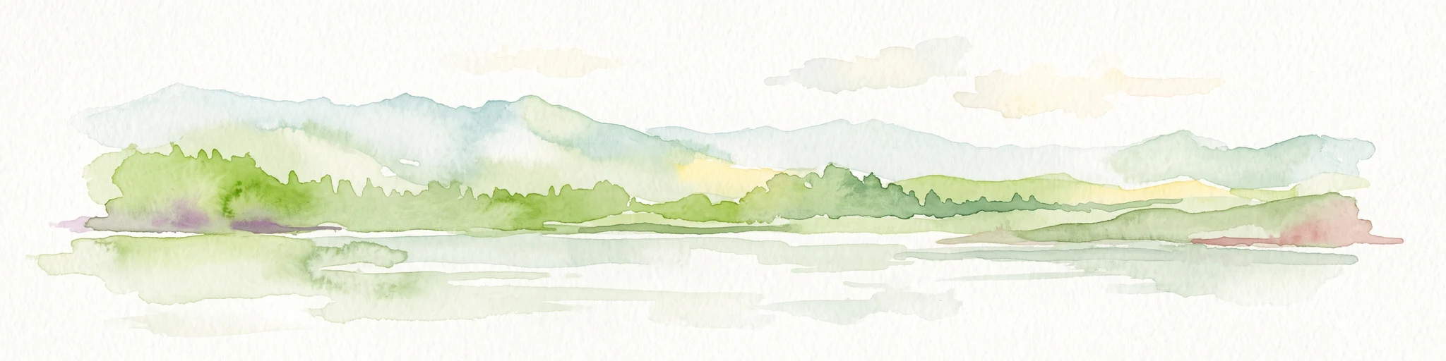 Una pintura horizontal en acuarela que muestra un lago tranquilo en primer plano con colinas verdes y exuberantes y cadenas montañosas distantes al fondo.