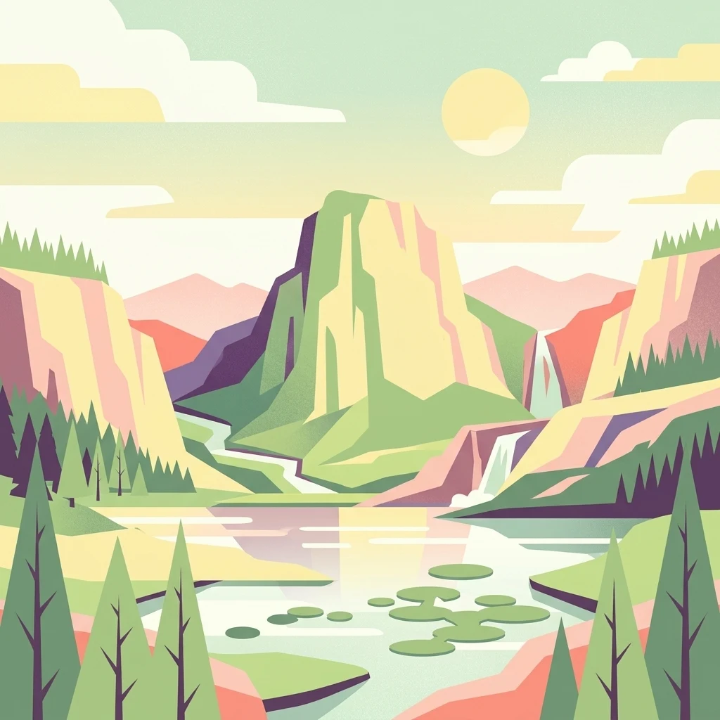 Vector-style digital illustration of a serene mountain landscape featuring a central cliff, waterfalls, a winding river, and a lily-pad filled lake surrounded by pine trees under a pale sun.