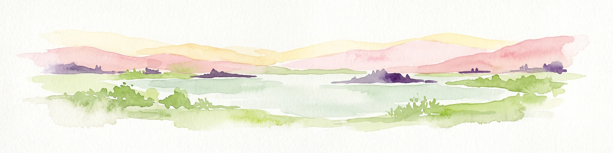 Watercolor painting of a wide, calm lake surrounded by low, rolling hills and lush green vegetation under a soft, hazy sky.
