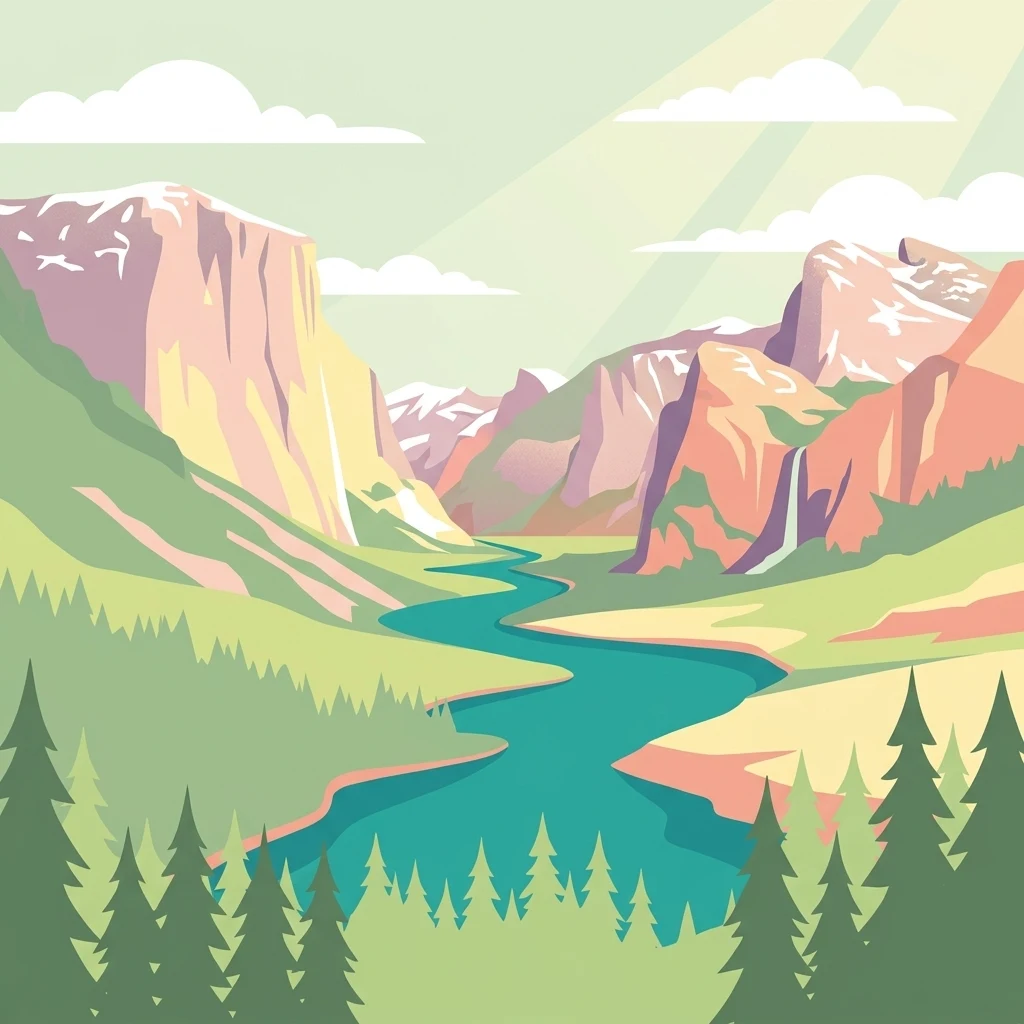 A colorful digital illustration featuring a winding river flowing through a deep mountain valley, with coniferous trees in the foreground and snowy peaks in the distance.