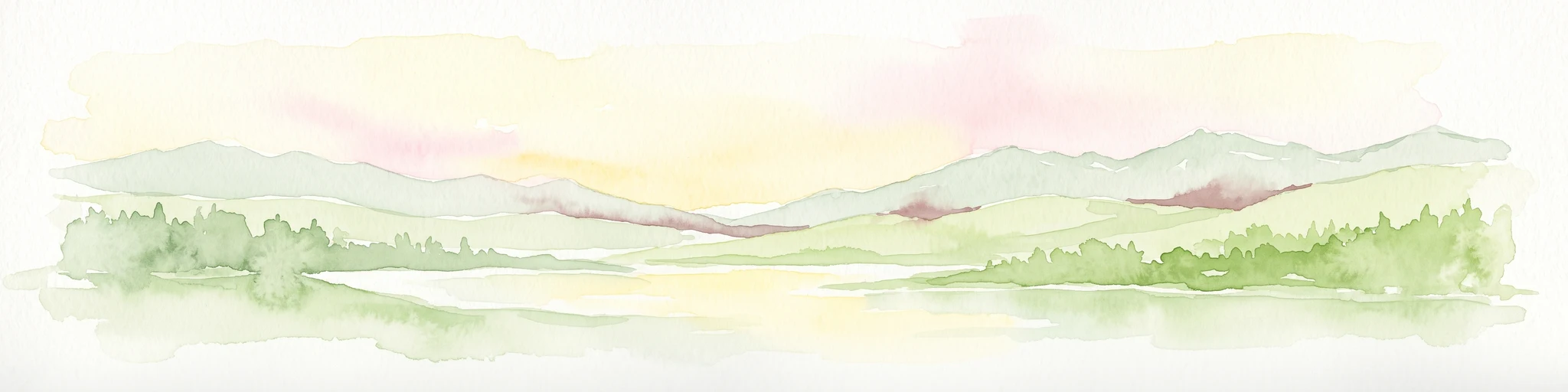 A pale, minimalist watercolor painting depicting a calm lake surrounded by low, rolling mountains and forest under a soft pastel sky.