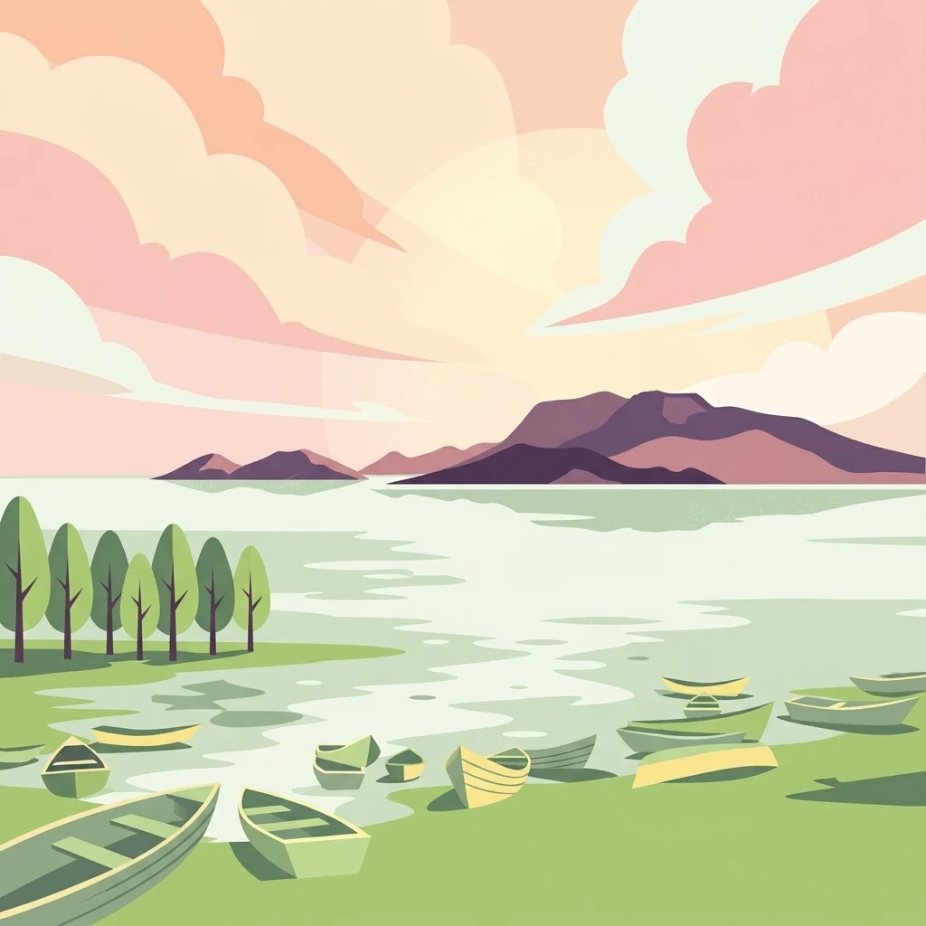 Una ilustración digital de estilo plano que muestra pequeños botes amarrados en la orilla verde y cubierta de hierba de un lago tranquilo, con colinas distantes y un suave cielo de atardecer en tonos pastel.