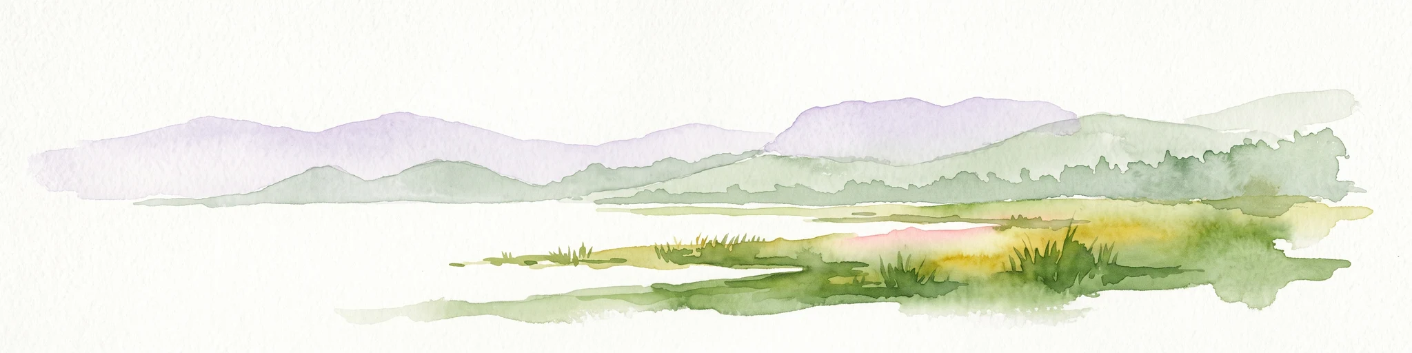 Una pintura en acuarela que muestra una vista panorámica amplia de la orilla de un lago con hierbas verdes pantanosas en primer plano y suaves colinas moradas al fondo.