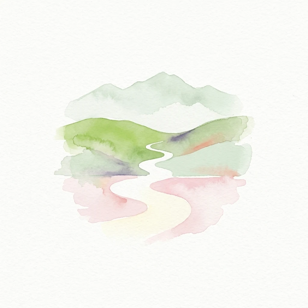 Watercolor painting of green mountains, a winding river, and pinkish reflection on a white background